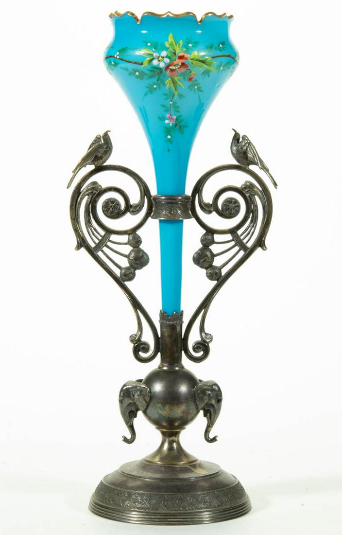 CONTINENTAL OPAQUE CASED GLASS EPERGNE: CONTINENTAL OPAQUE CASED GLASS EPERGNE, opaque blue to opaque white with polychrome-enamel decoration, tall flower-form insert with floral and vine decoration, Moorish cut rim, fitted into a quadruple