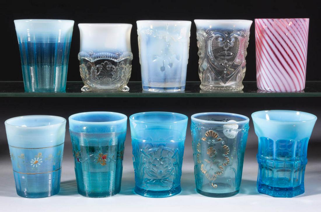 ASSORTED OPALESCENT GLASS TUMBLERS, LOT OF TEN: ASSORTED OPALESCENT GLASS TUMBLERS, LOT OF TEN, various colors, including a Jewelled Heart, an Intaglio, two Alaska, and one Jackson. Various makers. Late 19th/early 20th century. 3 1/2" to 4" H.