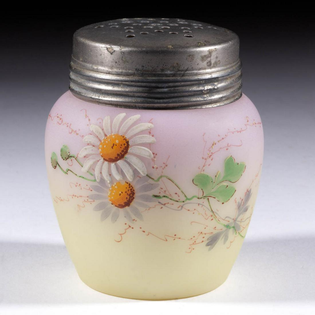 SMITH BROTHERS ATTRIBUTED ENAMEL-DECORATED SHORT SUGAR: SMITH BROTHERS ATTRIBUTED ENAMEL-DECORATED SHORT SUGAR SHAKER, opaque white with a Burmese ground with polychrome-enamel decoration, short urn form with floral decoration, period lid. Fourth quarter 1