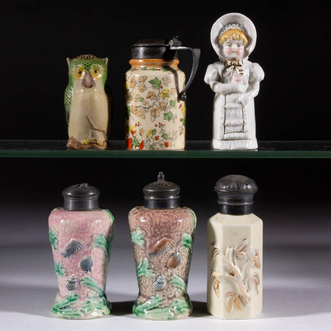 ASSORTED CERAMIC SALT / PEPPER SHAKERS, LOT OF FIVE: ASSORTED CERAMIC SALT / PEPPER SHAKERS, LOT OF FIVE, comprising two majolica examples with ocean coral and shell design, two figural examples including an owl and a Kate Greenaway example depicting a 