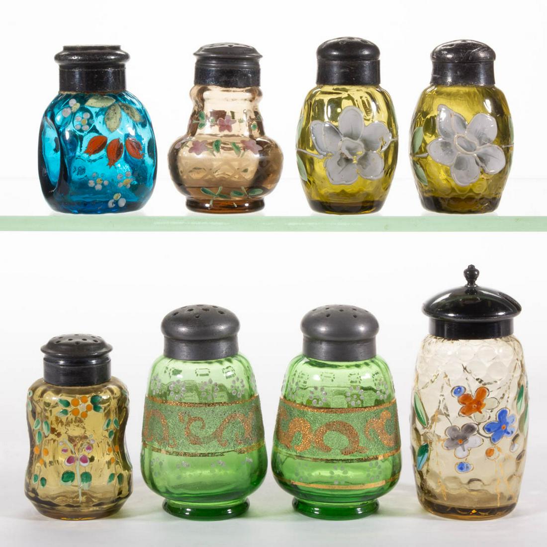 ASSORTED VICTORIAN ENAMEL-DECORATED SALT AND PEPPER: ASSORTED VICTORIAN ENAMEL-DECORATED SALT AND PEPPER SHAKERS, LOT OF SEVEN, green, olive green, and blue, each having polychrome-enamel decoration, including three Spot-Optic and a pair of Panel-Optic,