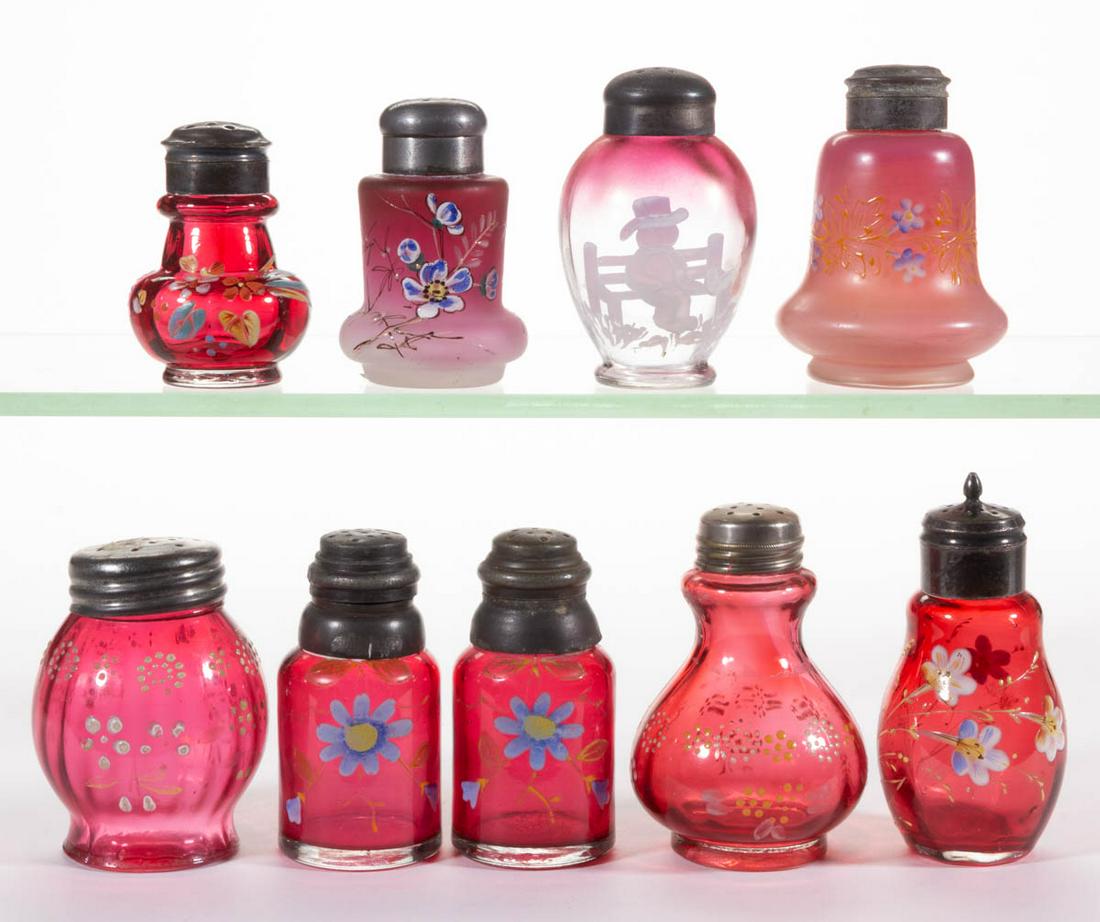 ASSORTED VICTORIAN ENAMEL-DECORATED SALT AND PEPPER: ASSORTED VICTORIAN ENAMEL-DECORATED SALT AND PEPPER SHAKERS, LOT OF NINE, cranberry and frosted rubina, all but one having floral decoration, other having a Mary Gregory-type decoration, each having a