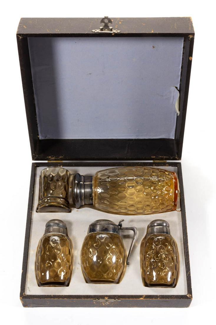 HOBBS SPOT-OPTIC GLASS FIVE-PIECE CONDIMENT SET: HOBBS SPOT-OPTIC GLASS FIVE-PIECE CONDIMENT SET, Old Gold/amber, comprising a sugar shaker, salt and pepper shakers, mustard pot, and toothpick holder, all but toothpick having quadruple-plated lid or