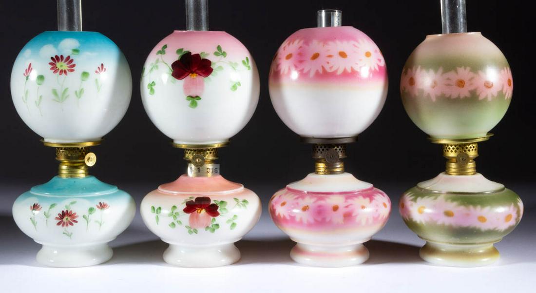 VICTORIAN DECORATED MINIATURE LAMPS, LOT OF FOUR (1 of 1)