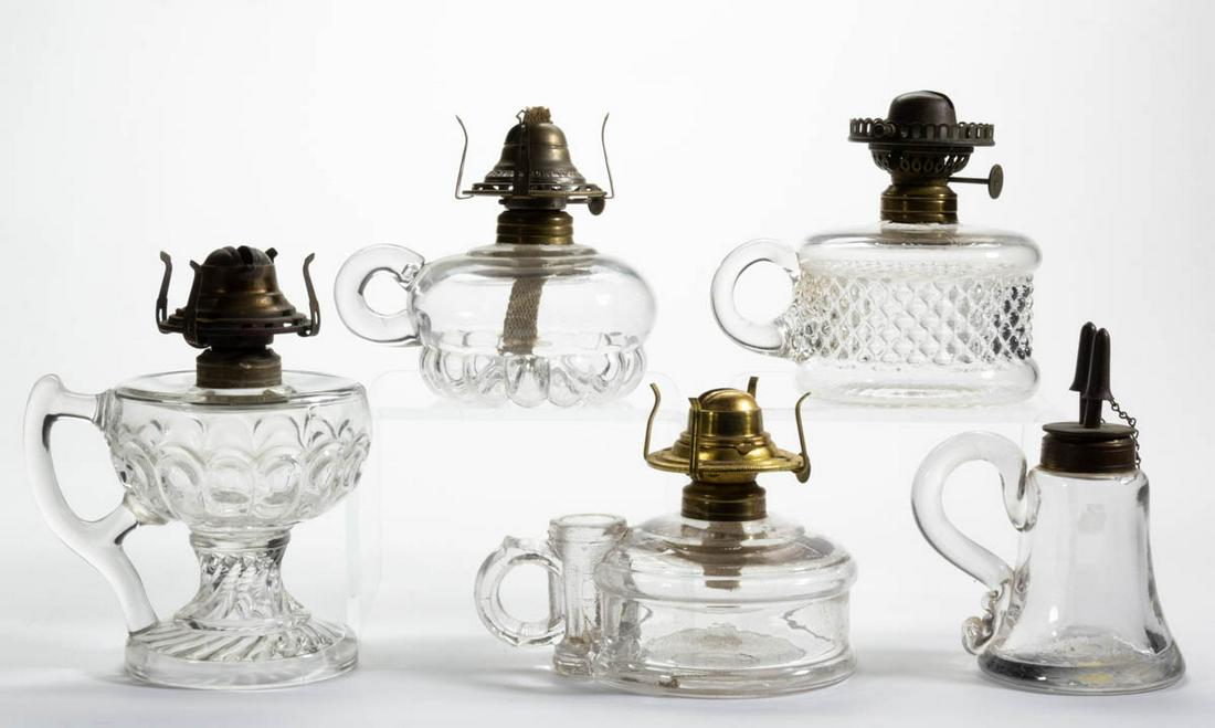 ASSORTED GLASS KEROSENE FINGER LAMPS, LOT OF FIVE (1 of 1)