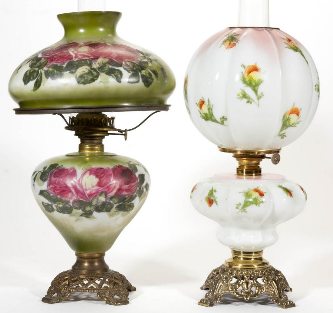 ASSORTED DECORATED MILK GLASS KEROSENE PARLOR LAMPS, (1 of 1)