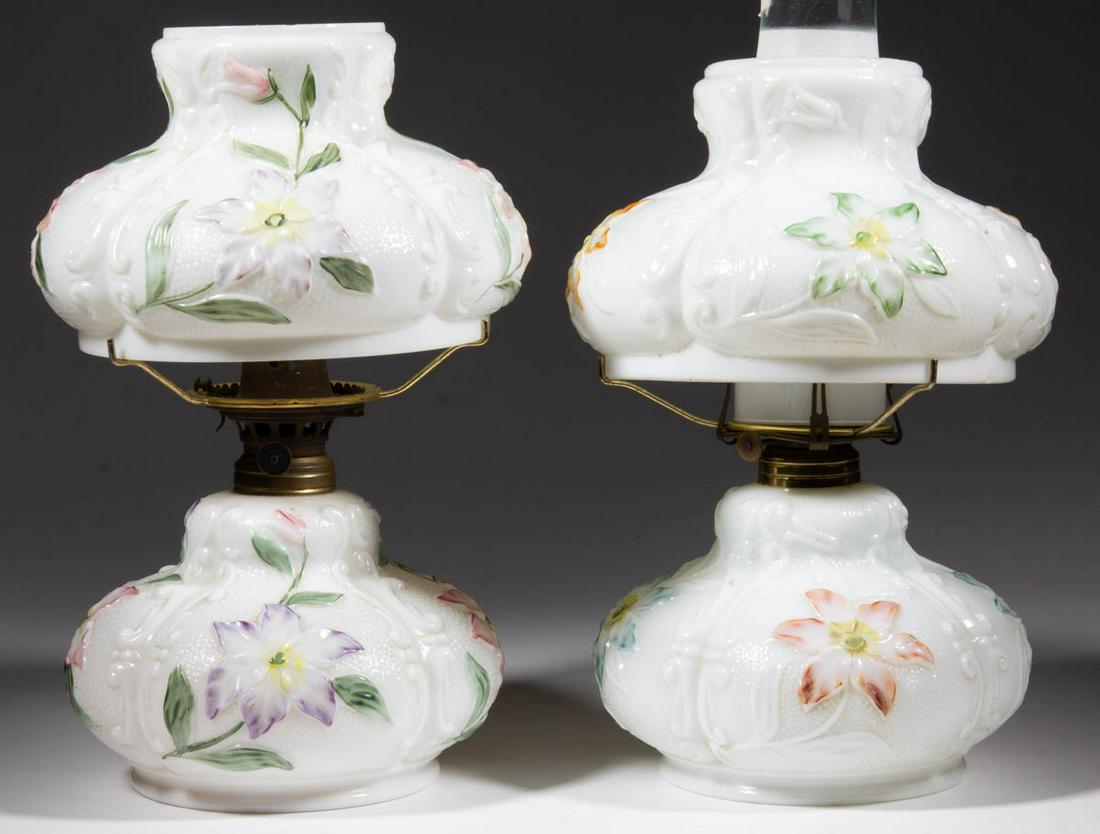 VICTORIAN EMBOSSED FLOWER OPAQUE GLASS KEROSENE PAIR OF (1 of 1)