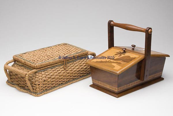 WICKER AND WOODEN SEWING WORK BASKETS, LOT OF TWO: WICKER AND WOODEN SEWING WORK BASKETS, LOT OF TWO, consisting of a woven example with hinged lid and double handles, green silk lining with pin cushion lid and a single sleeve, underside with an origi