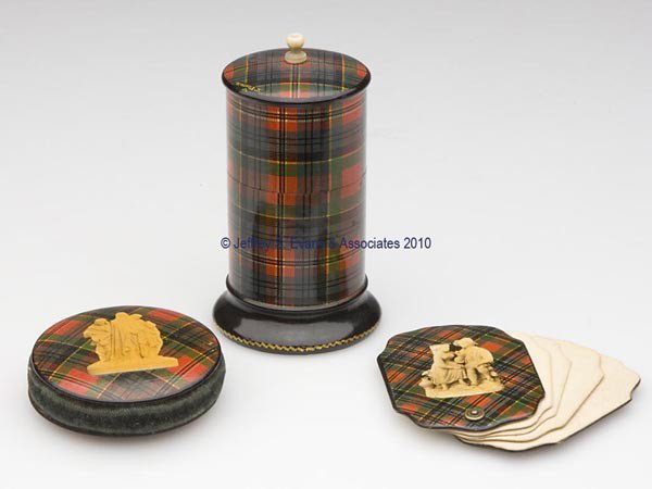 M'PHERSON TARTANWARE SEWING ARTICLES, LOT OF THREE: M'PHERSON TARTANWARE SEWING ARTICLES, LOT OF THREE, two examples with decoupage consisting of a disk-form pin cushion and a memo case with scalloped ends, and a cylinder-form spool container with a bo