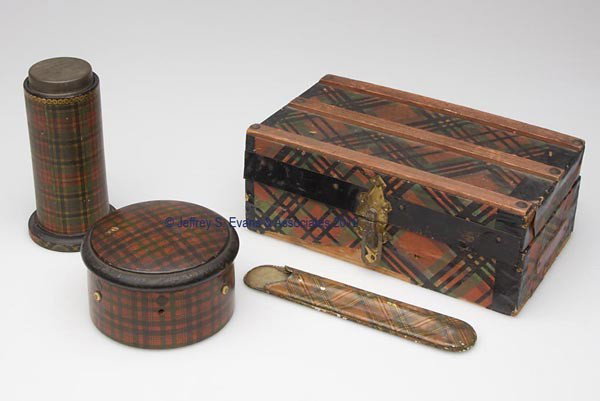 VARIOUS TARTANWARE ARTICLES, LOT OF FOUR: VARIOUS TARTANWARE ARTICLES, LOT OF FOUR, consisting of a cylinder-form container with decoupage and fitted with a tin lidded box; a spool container with cover and Clarks paper label to the interior o