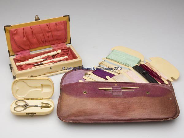 VARIOUS MATERIALS SEWING KITS WITH NEEDLEWORKING T: VARIOUS MATERIALS SEWING KITS WITH NEEDLEWORKING TOOLS, LOT OF THREE, consisting of two celluloid/plastic boxes, one with a Victorian scene to lid and fitted with four matching rib-pattern tools inclu