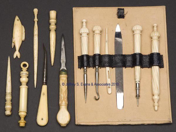 BONE / IVORY NEEDLEWORKING TOOLS, LOT OF 12: BONE / IVORY NEEDLEWORKING TOOLS, LOT OF 12, consisting of a four-piece matching set with swirled pattern containing a button hook, crochet hook, needle case and a stiletto; six stilettos, including o