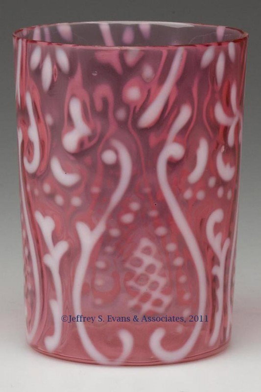 ARABIAN NIGHTS TUMBLER: ARABIAN NIGHTS TUMBLER, cranberry opalescent. Full height with factory-polished rim. Possibly Beaumont Glass Co. Late 19th/early 20th century. 3 7/8" H.