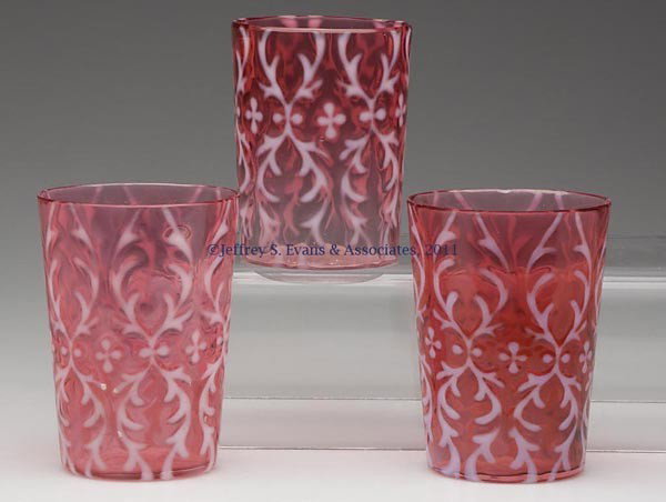OPALINE BROCADE / SPANISH LACE TUMBLERS, LOT OF TH: OPALINE BROCADE / SPANISH LACE TUMBLERS, LOT OF THREE, cranberry opalescent, comprising two slightly tapered, and one straight sided. First two full height with factory-polished rim. Late 19th/early 2