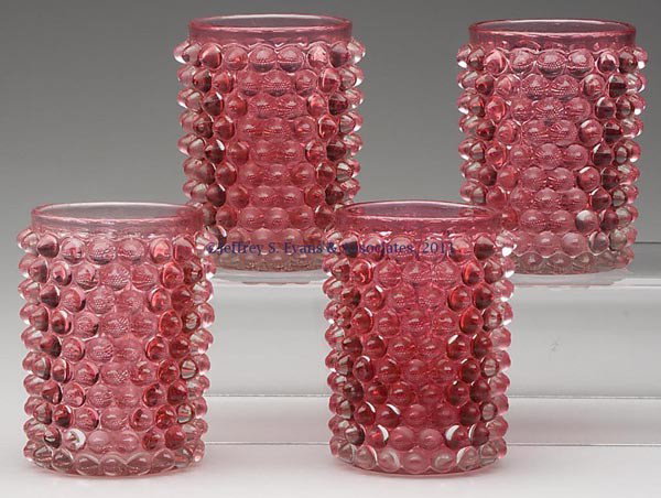 HOBBS' NO. 323 DEW DROP / HOBBS' HOBNAIL TUMBLERS,: HOBBS' NO. 323 DEW DROP / HOBBS' HOBNAIL TUMBLERS, SET OF FOUR, cased Ruby/cranberry, each with polished pontil mark. Hobbs, Brockunier & Co. Fourth quarter 19th century. 3 7/8" H.
