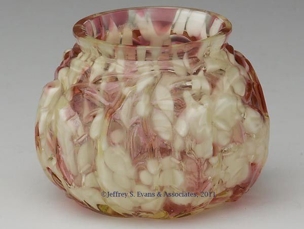 NORTHWOOD'S NO. 333 / LEAF MOLD TOOTHPICK HOLDER: NORTHWOOD'S NO. 333 / LEAF MOLD TOOTHPICK HOLDER, canary with cranberry and opal spatter, factory-polished rim. Northwood Glass Co. Late 19th/early 20th century. 1 3/4" H. Provenance: From a Pennsylva