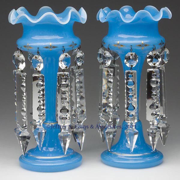 OPALINE GLASS PAIR OF MANTEL LUSTRES: OPALINE GLASS PAIR OF MANTEL LUSTRES, blue with applied white rim, each with gilt decoration and eight matching crystal prisms, two being slightly shorter. Second half 19th century. 9" HOA, 4 1/2" DOA