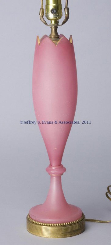 OPALINE GLASS VASE: OPALINE GLASS VASE, pink with satin finish, and gilt decoration, with electric lamp fittings and base. 19th century. 19 1/2" H to top of socket, vase 15 1/4" H. Provenance: From a private Massachusett