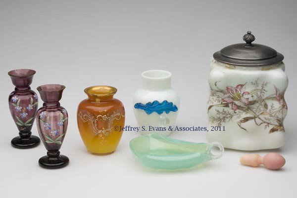 VICTORIAN ART GLASS ARTICLES, LOT OF SEVEN: VICTORIAN ART GLASS ARTICLES, LOT OF SEVEN, various colors, including a Wavecrest Egg Crate cracker jar with floral transfer decoration, lacking base rim, and an opaque white vase with applied glass f