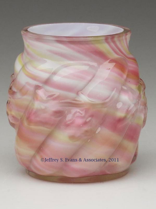 ROYAL IVY TOOTHPICK HOLDER: ROYAL IVY TOOTHPICK HOLDER, cased rainbow spatter, full height with factory polished rim. Northwood Glass Co. Fourth quarter 19th century. 2 1/4" H. Provenance: Personal collection of Judith (Judy) Cr