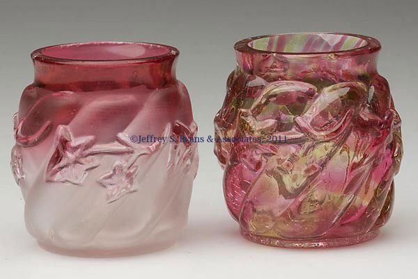 ROYAL IVY TOOTHPICK HOLDERS, LOT OF TWO: ROYAL IVY TOOTHPICK HOLDERS, LOT OF TWO, comprising a satin-finish rubina example and a rainbow spatter craquelle, each full height with factory polished rim. Northwood Glass Co. Fourth quarter 19th c