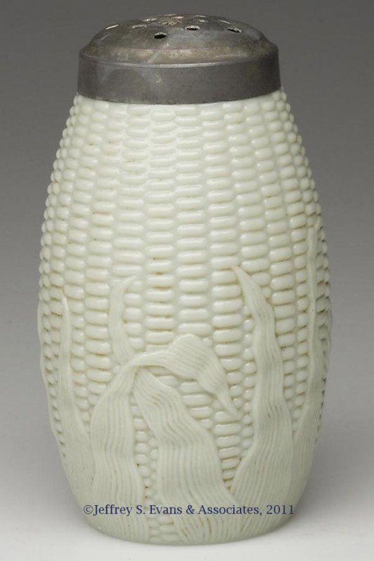 LIBBEY'S MAIZE SUGAR SHAKER: LIBBEY'S MAIZE SUGAR SHAKER, undecorated custard, period lid. W. L. Libbey & Sons. Fourth quarter 19th century. 5 1/2" HOA. Provenance: Personal collection of Judith (Judy) Cronin, Orleans, MA.
