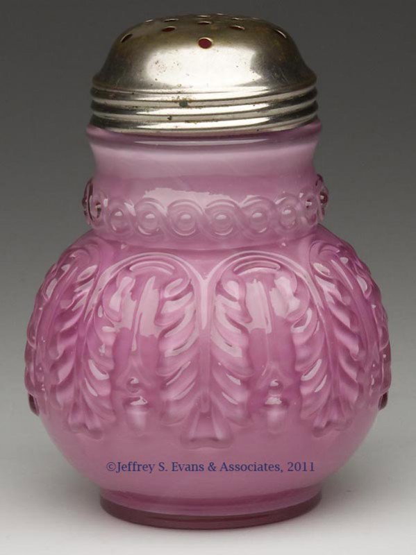 NORTHWOOD'S NO. 263 / LEAF UMBRELLA SUGAR SHAKER: NORTHWOOD'S NO. 263 / LEAF UMBRELLA SUGAR SHAKER, cased Rose Du Barry/cased pink, period lid. Northwood Glass Co. Fourth quarter 19th century. 4 1/2" HOA. Provenance: From the collection of the late T