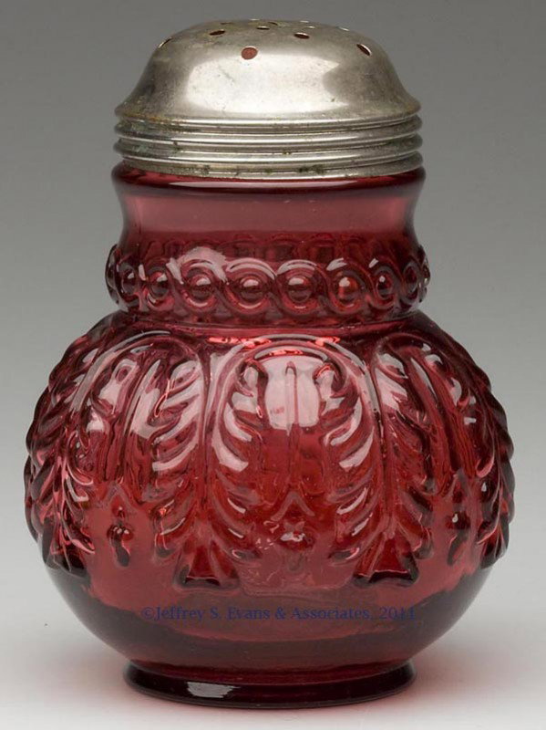 NORTHWOOD'S NO. 263 / LEAF UMBRELLA SUGAR SHAKER: NORTHWOOD'S NO. 263 / LEAF UMBRELLA SUGAR SHAKER, cased Rose Du Barry/cased pink, period lid. Northwood Glass Co. Fourth quarter 19th century. 4 1/2" HOA. Provenance: From a private Massachusetts coll