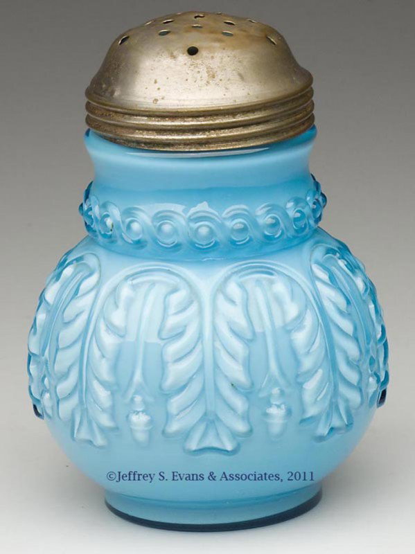 NORTHWOOD'S NO. 263 / LEAF UMBRELLA SUGAR SHAKER: NORTHWOOD'S NO. 263 / LEAF UMBRELLA SUGAR SHAKER, cased robin's egg blue, period lid. Northwood Glass Co. Fourth quarter 19th century. 4 1/2" HOA. Provenance: Personal collection of Judith (Judy) Cron