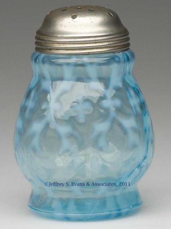 OPALINE BROCADE / SPANISH LACE - WIDE-WAIST SUGAR: OPALINE BROCADE / SPANISH LACE - WIDE-WAIST SUGAR SHAKER, blue opalescent, period lid. Late 19th/early 20th century. 4 5/8" HOA. Provenance: From a private Massachusetts collection.