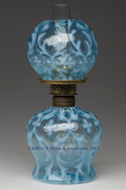 SMITH I, FIG. 471 / OPALINE BROCADE / SPANISH LACE: SMITH I, FIG. 471 / OPALINE BROCADE / SPANISH LACE MINIATURE LAMP, blue opalescent, matching patterned ball shade, period burner. Late 19th/early 20th century. 7 3/8" H to top of shade, 3" D base. Pro
