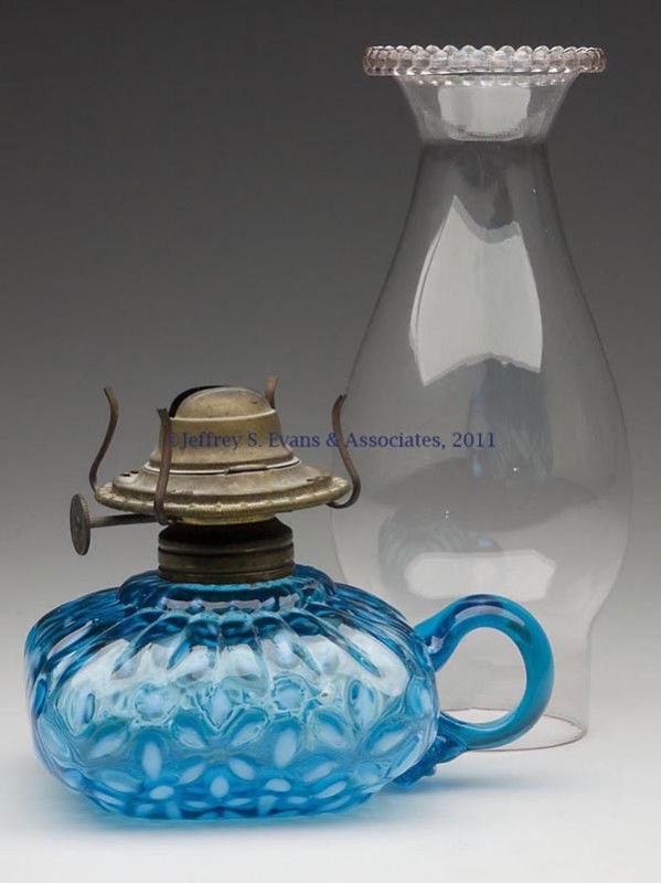HOBBS' NO. 341 / SNOWFLAKE FINGER LAMP: HOBBS' NO. 341 / SNOWFLAKE FINGER LAMP, Sapphire opalescent/blue opalescent, blue applied handle, No. 1 Taplin Brown collar, period slip burner and chimney. Hobbs, Brockunier & Co. Fourth quarter 19th