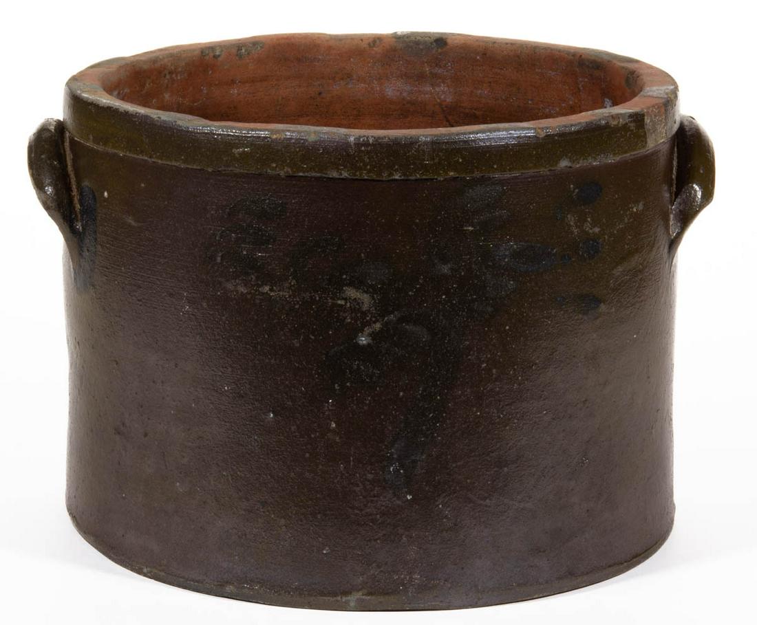 STAMPED "L.D. FUNKHOUSER & CO / STRASBURG / VA",: STAMPED "L.D. FUNKHOUSER & CO / STRASBURG / VA", SHENANDOAH VALLEY OF VIRGINIA STONEWARE CAKE CROCK, salt-glazed, "3" gallon capacity mark, low cylindrical form with squared rim and applied arched han