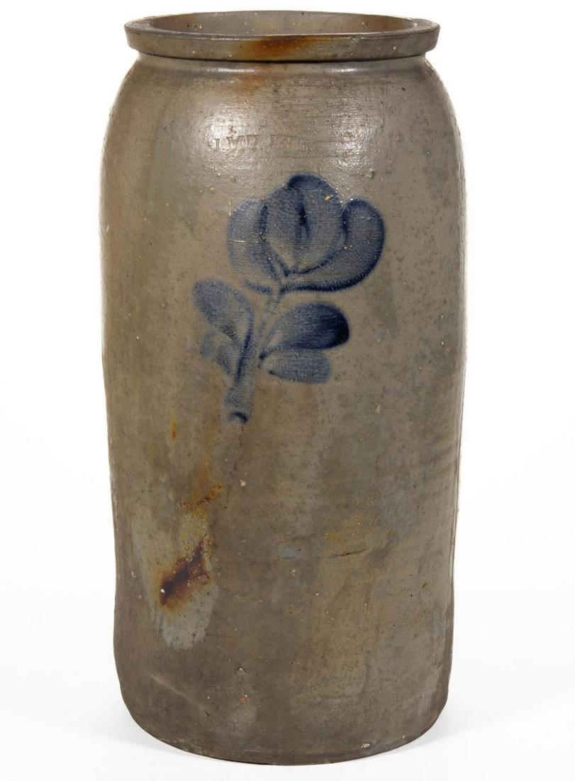STAMPED "J. MILLER", VIRGINIA OR WEST VIRGINIA: STAMPED "J. MILLER", VIRGINIA OR WEST VIRGINIA DECORATED STONEWARE JAR, salt-glazed, approximately three-gallon capacity, cylindrical form with slight shoulder and squared rim. Brushed cobalt floral d