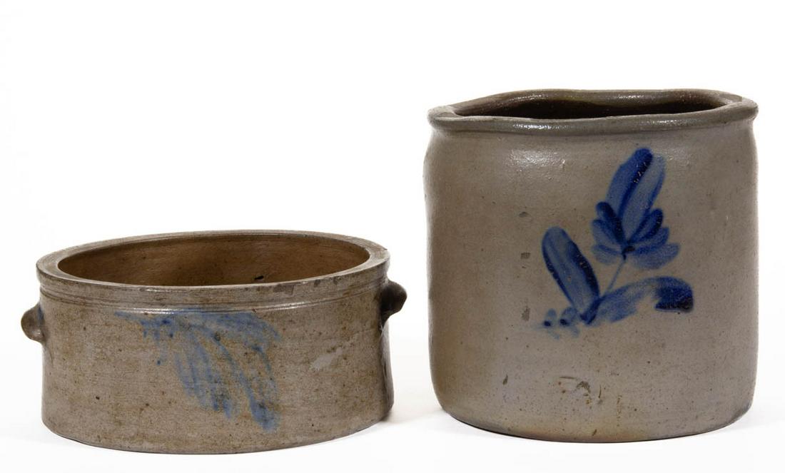 MID-ATLANTIC DECORATED STONEWARE CROCKS, LOT OF TWO: MID-ATLANTIC DECORATED STONEWARE CROCKS, LOT OF TWO, salt-glazed, comprising a truncated cylindrical-form cake example with squared rim, applied tab handles, with brushed cobalt dropped feather to eac