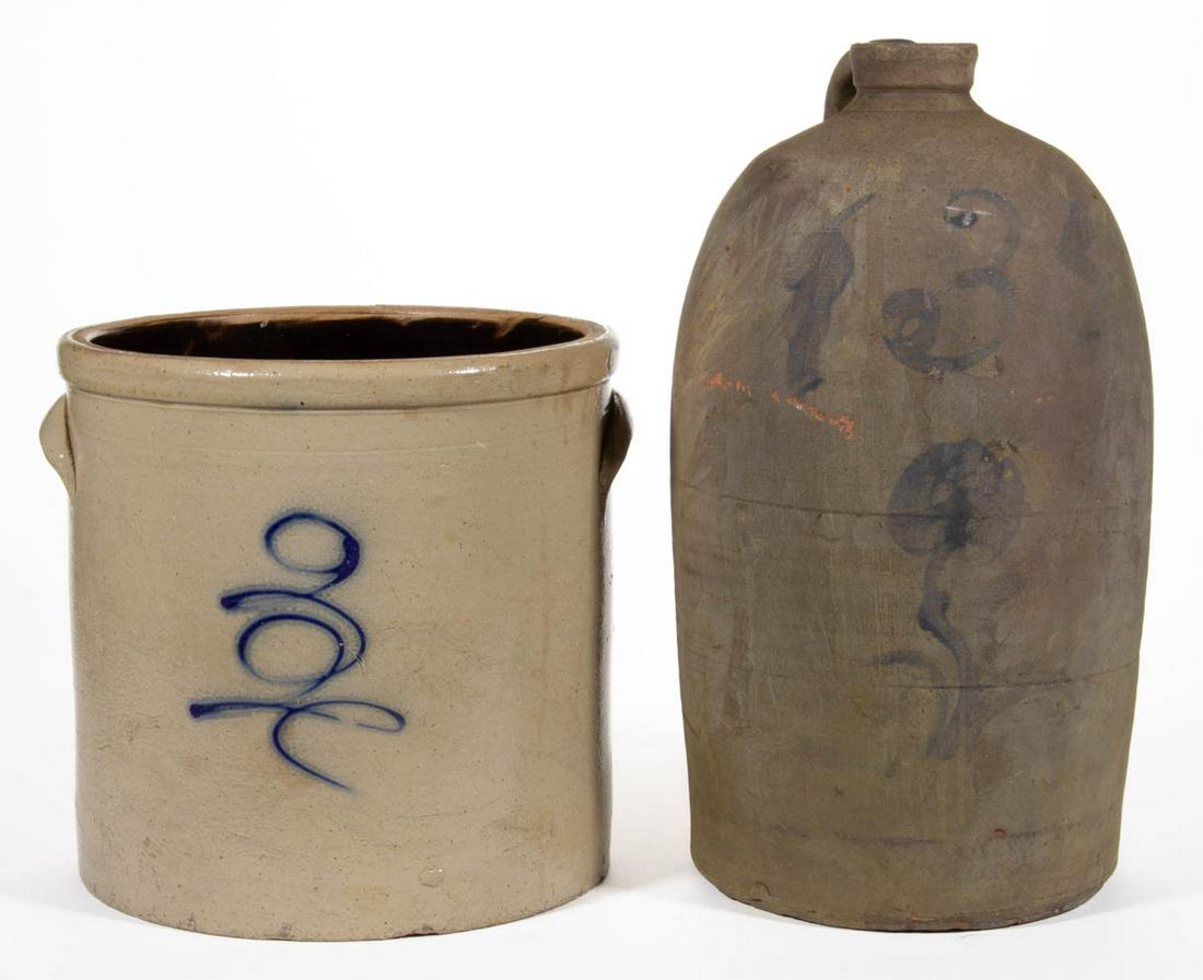 OHIO STONEWARE ARTICLES, LOT OF TWO: OHIO STONEWARE ARTICLES, LOT OF TWO, salt-glazed, each designated three-gallon capacity, comprising a cylindrical wide-mouth form crock with squared rim, incised shoulder ring, arched handles, and Alb
