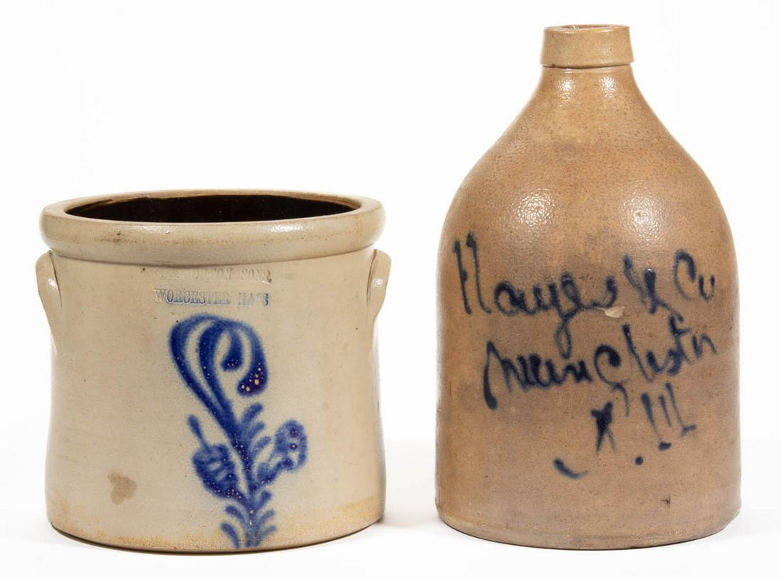 NORTHEASTERN STONEWARE ARTICLES, LOT OF TWO: NORTHEASTERN STONEWARE ARTICLES, LOT OF TWO, salt-glazed, each approximately one-gallon capacity, comprising a stamped "F.B. NORTON SONS, / WORCESTER MASS" cylindrical wide-mouth form crock with flat-