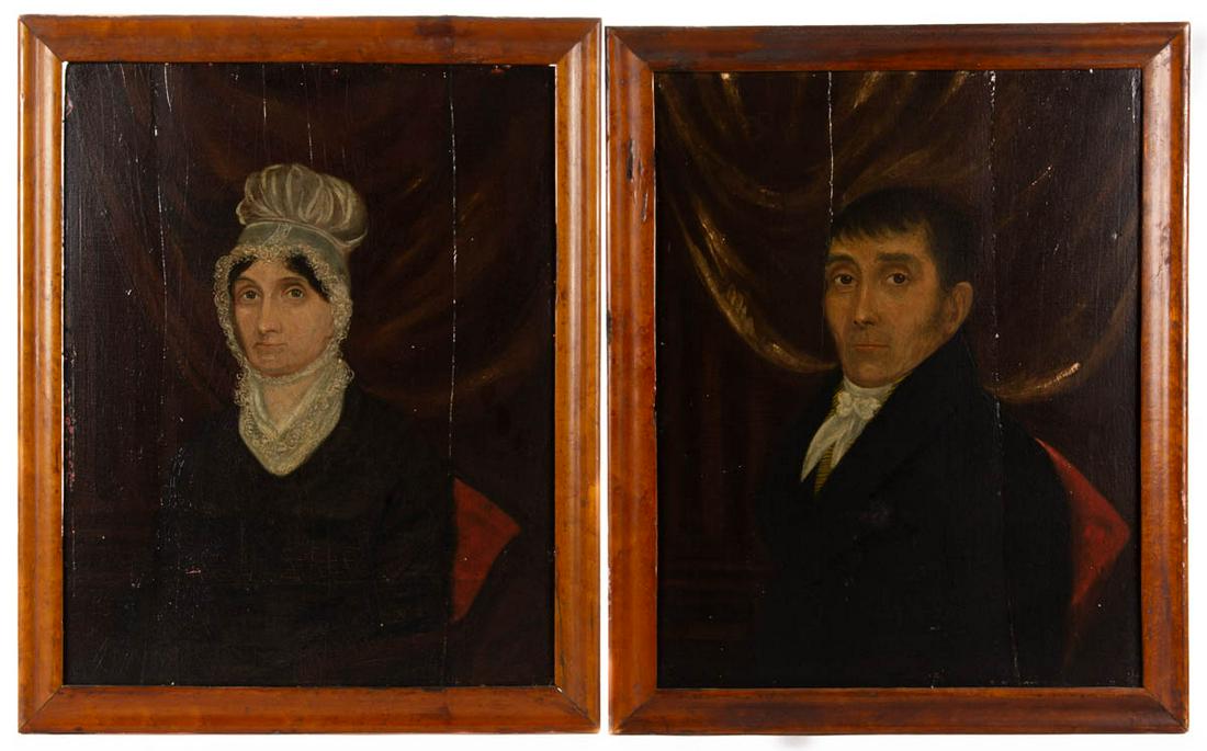 AMERICAN SCHOOL (19TH CENTURY) FOLK ART PAIR OF: AMERICAN SCHOOL (19TH CENTURY) FOLK ART PAIR OF PORTRAITS, oil on panel, waist-length depiction of possible husband and wife seated, no signature(s) located. Housed in period frames. 19th century. 17 