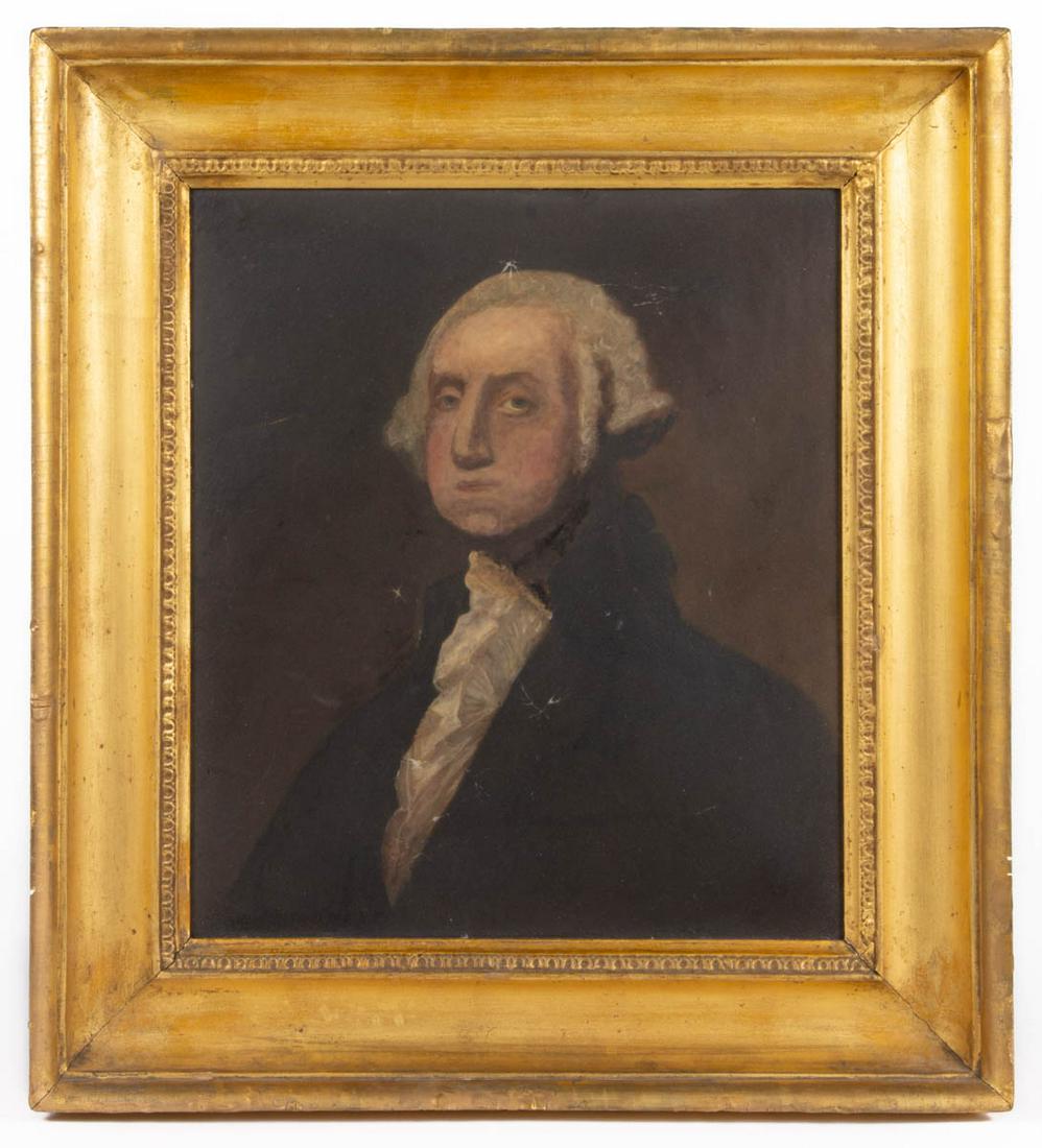 AMERICAN SCHOOL (19TH CENTURY) FOLK ART PORTRAIT OF: AMERICAN SCHOOL (19TH CENTURY) FOLK ART PORTRAIT OF GEORGE WASHINGTON, oil on canvas, bust-length depiction of George Washington, loosely after Gilbert Stuart's original, no signature located. Housed