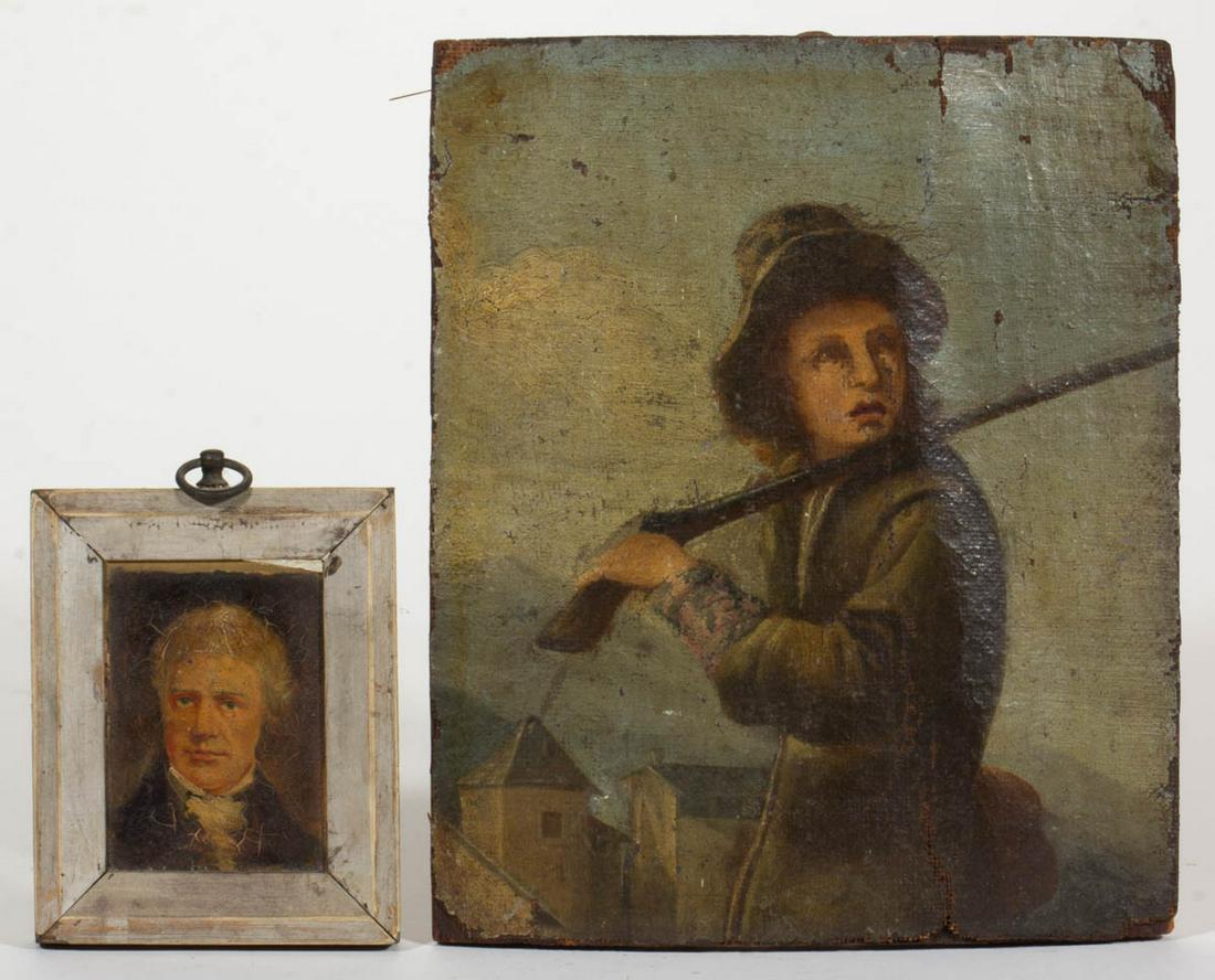 AMERICAN OR BRITISH SCHOOL (19TH CENTURY) FOLK ART: AMERICAN OR BRITISH SCHOOL (19TH CENTURY) FOLK ART PORTRAIT, oil on canvas laid to board, depicting a young figure with a long rifle over his shoulder, retains label for "Portland Society of Art" on t