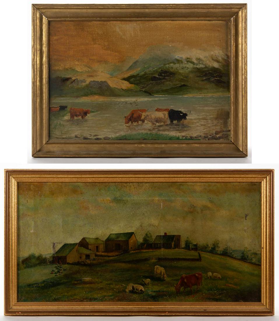 AMERICAN OR BRITISH SCHOOL FOLK ART LANDSCAPE: AMERICAN OR BRITISH SCHOOL FOLK ART LANDSCAPE PAINTINGS, LOT OF TWO, oil on board and canvas, each depicting livestock, with one example depicting a homestead, no signatures located. Each housed in mo