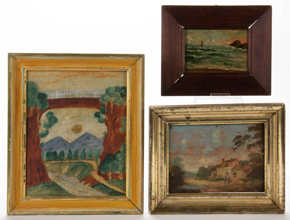 ASSORTED FOLK ART LANDSCAPE PAINTINGS, LOT OF THREE: ASSORTED FOLK ART LANDSCAPE PAINTINGS, LOT OF THREE, oil on board and panel, comprising cottage scene with label on reverse "MARTIN / BOSTON", seascape, and a naÃ¯ve depiction of Natural Bridge in t