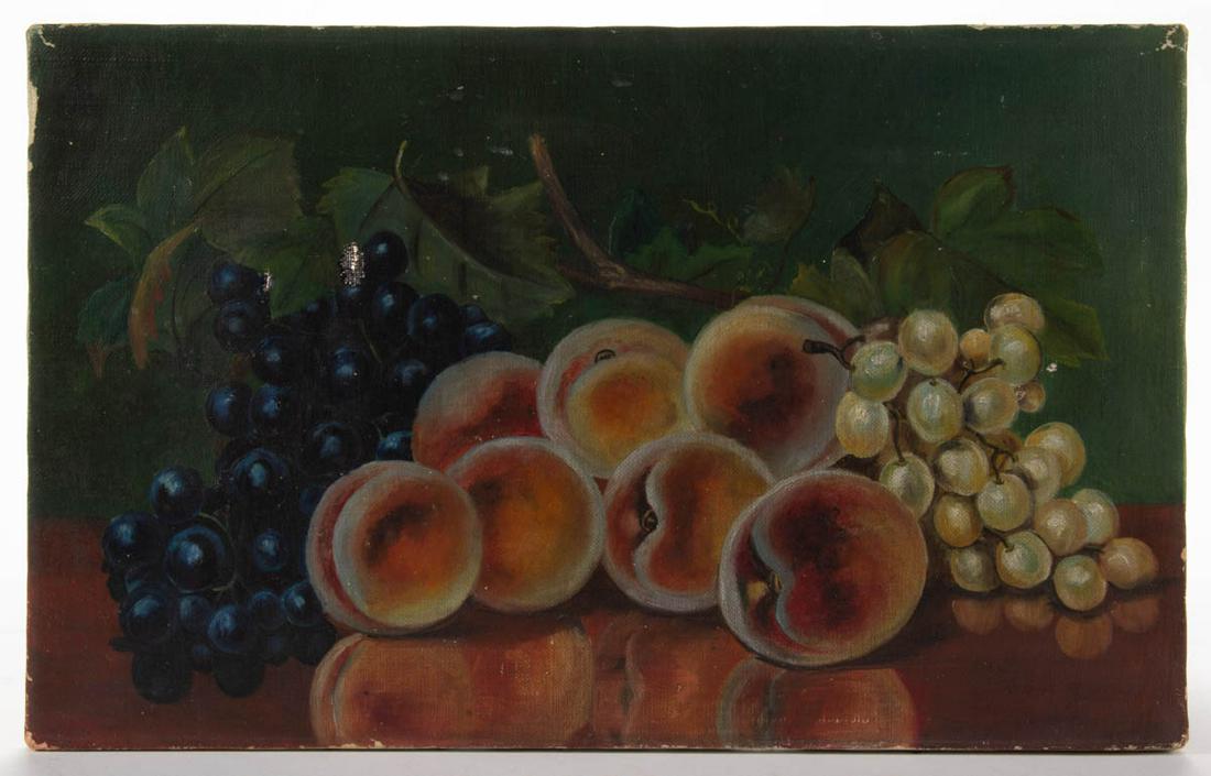 AMERICAN SCHOOL (20TH CENTURY) FOLK ART STILL-LIFE: AMERICAN SCHOOL (20TH CENTURY) FOLK ART STILL-LIFE PAINTING, oil on canvas, depicting peaches and grapes, no signature located. Unframed. 20th century. 10" x 16 1/4". Provenance: From the estate of Da