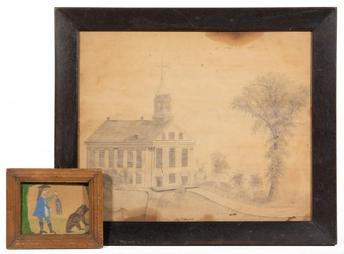 AMERICAN SCHOOL (20TH CENTURY) FOLK ART DRAWINGS, LOT: AMERICAN SCHOOL (20TH CENTURY) FOLK ART DRAWINGS, LOT OF TWO, pencil and mixed-media on paper, depicting a church with a weathervane on the steeple, and a figure holding a Revere-style lantern with a 