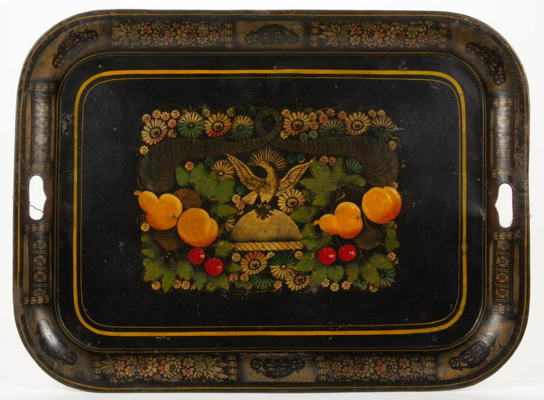 AMERICAN PAINT-DECORATED LARGE TOLEWARE TRAY: AMERICAN PAINT-DECORATED LARGE TOLEWARE TRAY, rectangular form with rounded corners, retaining original stenciled and painted decoration on a black ground, featuring a central decoration of spread-win
