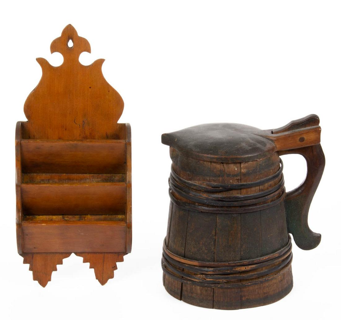 COUNTRY TREEN ARTICLES, LOT OF TWO: COUNTRY TREEN ARTICLES, LOT OF TWO, comprising a painted tankard with splint-type lapped bands, and a pine three-tiered hanging wall box with cut-outs. 19th century. Tankard 10" HOA. Provenance: Prope