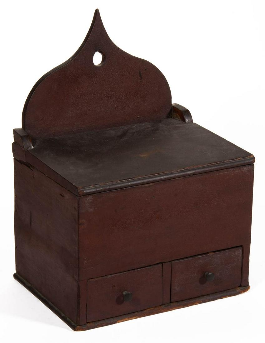 PENNSYLVANIA PAINTED POPLAR HANGING SPICE BOX: PENNSYLVANIA PAINTED POPLAR HANGING SPICE BOX, dovetailed and nailed case with shaped back, hinged lid concealing interior with divider, above two drawers including one with divider each retaining lik