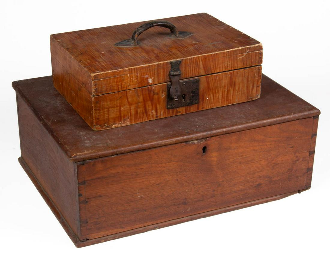 MID-ATLANTIC COUNTRY DOCUMENT BOXES, LOT OF TWO: MID-ATLANTIC COUNTRY DOCUMENT BOXES, LOT OF TWO, comprising a walnut example with hinged rectangular lid above dovetailed case with fitted interior, and a poplar paint-decorated example with original 