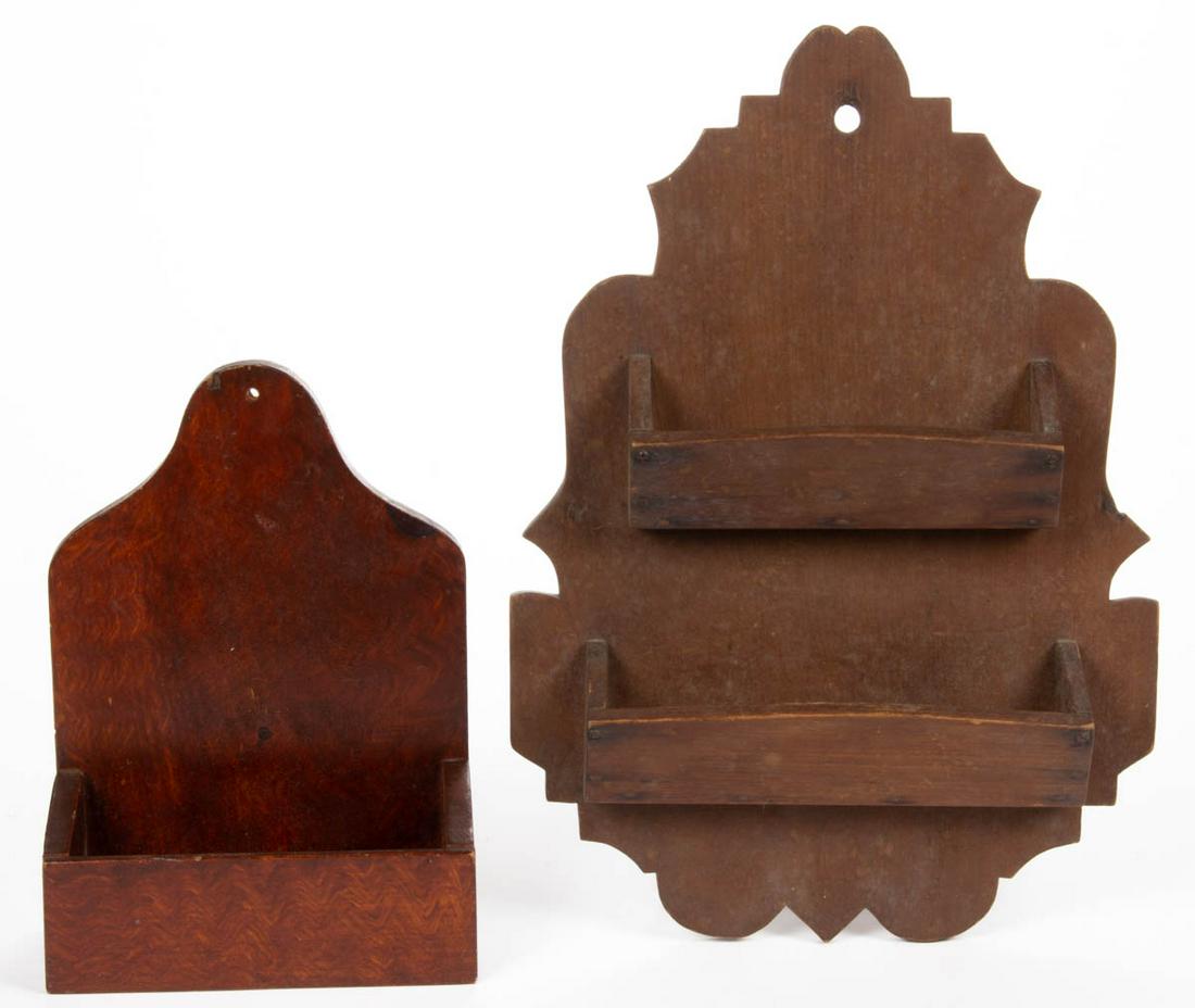 AMERICAN PAINT-DECORATED PINE WALL BOX: AMERICAN PAINT-DECORATED PINE WALL BOX, featuring a shaped back. Retains likely original paint-decorated surface. Together with a walnut wall box, with two tills, and a dry natural surface. Two pieces