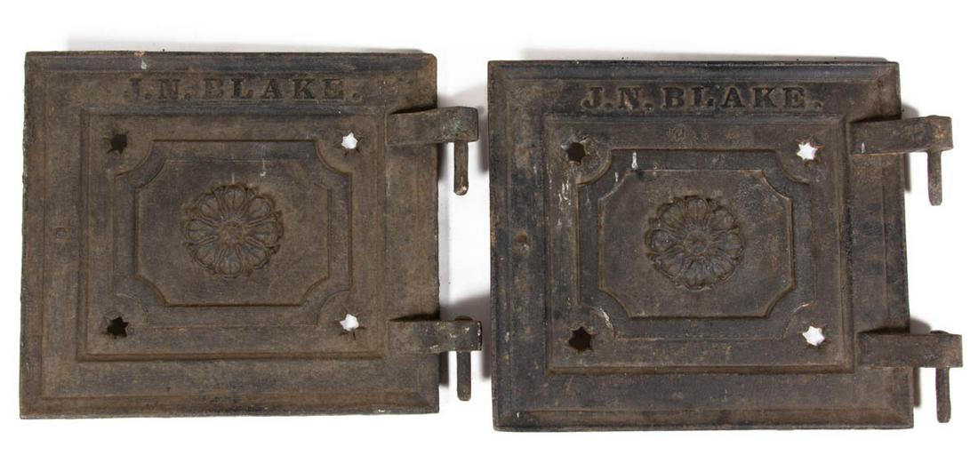 BALTIMORE, MARYLAND CAST-IRON COAL DOORS: BALTIMORE, MARYLAND CAST-IRON COAL DOORS, each embossed "J.N. BLAKE" with floral devices, including one with an old green-painted surface. Attributed to J.N. Blake Iron Foundry, Baltimore, Maryland, 4